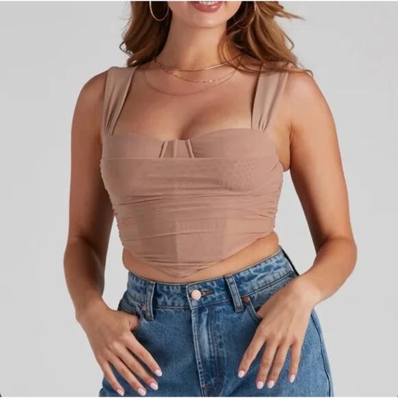 Windsor S Nude Tan Mesh Drape Sweetheart Corset Crop Tank Top - Picture 1 of 8